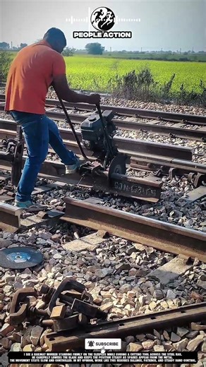 Railway Workers Cutting a Steel Rail During Track Maintenance Work