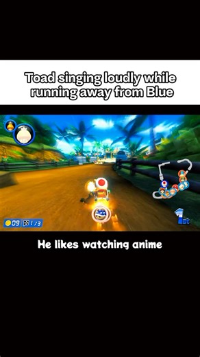 Gifted Toad on Instagram: "Toad singing loudly while running away from Blue【He likes watching anime.】 #Toad #mariokart #gaming"