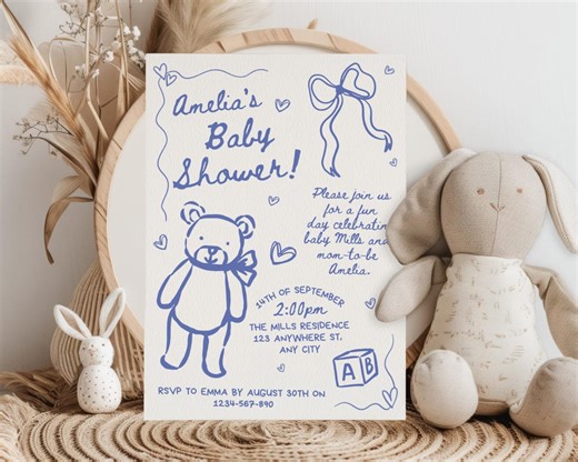 Hand Drawn Baby Shower Invitation, Unique Baby Shower Invitations, Boy Baby Shower Invite, Scribble Invitation, Handdrawn Baby Shower Invite - Etsy