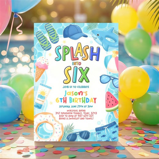 Splash Into Six 6th Birthday Pool Party Invitation, Boys Pool Party Invite, Editable Summer Swim Birthday, Dive Into Six Template - Etsy