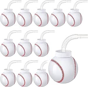 Eaasty Baseball Ball Shape Cups Bulk with Straws and Lids, 10oz Plastic Reusable Baseball Party Cups Ball Shape Party Favors for Kids Birthday Competition Sport Fans Player Theme Supplies(12 Pcs)