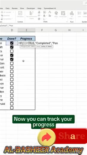 2.8K views | Track progress In Excel using checkboxes. #al_basheer_academy #msexcelshorts #msexceltutorial #msexceltricks #fyp #shorts #fypシ゚viralシ #trendingreels #shortsvideos #msexceltraining | Al Basheer Academy of Science and Computer Center | Facebook
