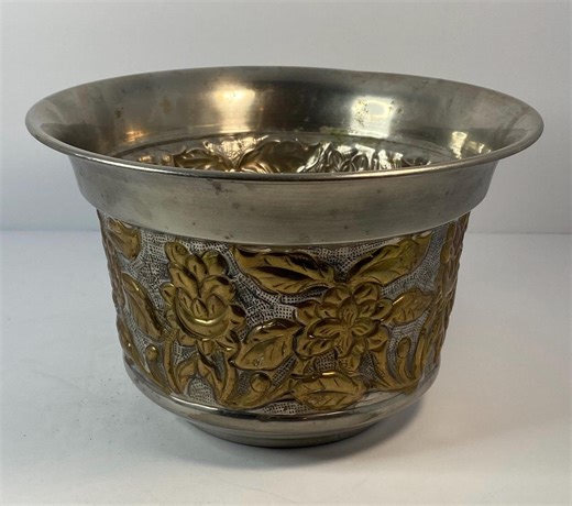 Vintage Repoussé Silver Tone and Brass Bowl Planter Jardinière Burmese - Etsy