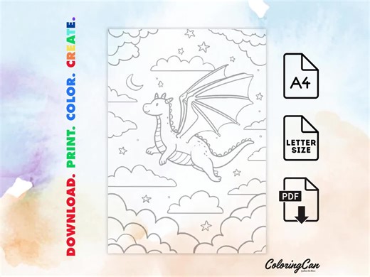 Cute Dragon Coloring Book for Kids & Teens, Printable Fantasy Mythical Creature Art Digital Pages, Cozy Simple Activity Sheets