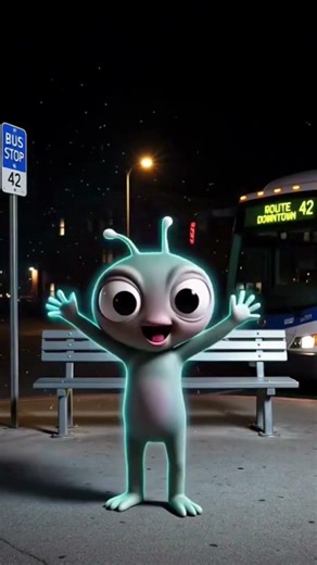 cute litle alien waiting for the bus