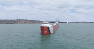 The 767', 71 year old, SS Arthur M. Anderson slow steams past Two Harbors, MN to drop anchor while waiting to enter Agate Bay on April 23, 2023. | Nathan Klok Photography
