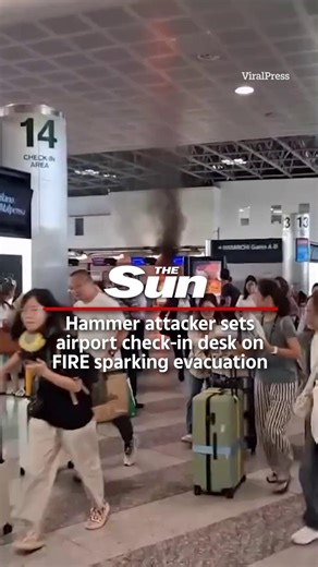 7.4K views · 14 reactions | Hammer attacker sets airport check-in desk on fire sparking evacuation | The Scottish Sun | Facebook