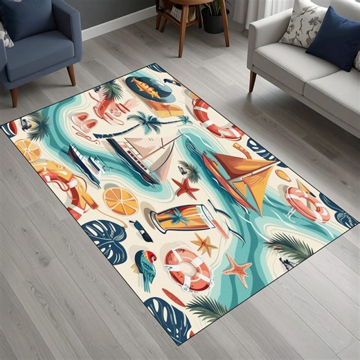 Colorful Beach Theme Area Rug, Nautical Coastal Summer Ocean Decor