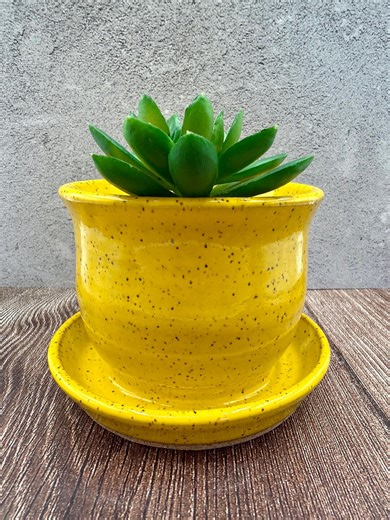 Mini Speckled Yellow Planter - Handmade Plant Pot with Attached Drainage Plate