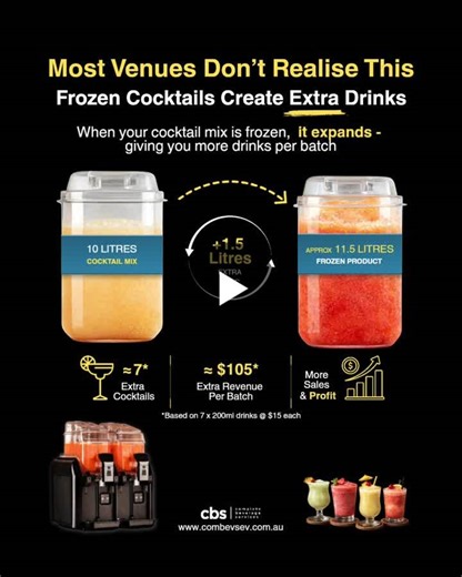 Most venues don’t realise this about frozen cocktails. When a cocktail mix freezes, it expands. That means more drink yield from the same batch. For example: 10 litres of cocktail mix can become… | Complete Beverage Services Pty Ltd Australia