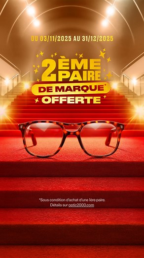 🎉 Fin d’année, double style ! Chez Optic 2000, votre 2ᵉ paire de lunettes de marque est totalement offerte.* Oui, oui, vous avez bien lu 😎 Du 3 novembre au 31 décembre, osez mixer les styles et afficher votre look comme un vrai mannequin. *voir conditions sur optic2000.com | Optic 2000