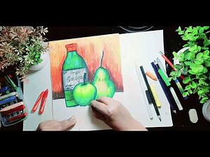 A Realistic Still Life with Crayons: Bottle, Apple, and Pear Step By Step Tutorial For Beginners