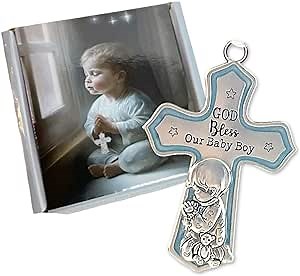elskandi Crib Cross God Bless This Baby Boy Wall Art for Nursery - Baptism Gifts for Baby Boys Christening Gifts for Boys Baptism Baby Dedication Gift