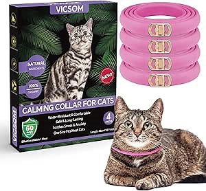 VICSOM Calming Collars for Cats, Pheromone Calm Collar for Cats, Cats Calming Collar, Natural Waterproof Adjustable Cat Calm Collars with 60 Days Anti Anxiety Relief Stress Effect 4PCS, Pink