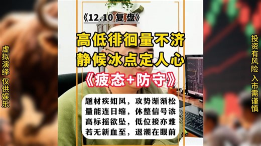 1210复盘：缩量轮动市愈疲，海峡泛化主线移。高低乱战休盲动，静待共振启新机。题材混战无合力，防守观潮最坦然。消费海南风乍起，航天下跌势渐分。高标断板高度降，唯