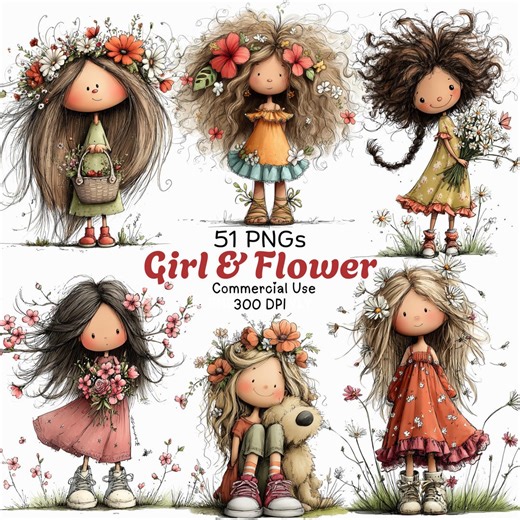 Whimsical Girl Clipart: Boho Spring Flowers, Nursery Graphics (51 Pngs, Commercial Use Digital Download) - Etsy