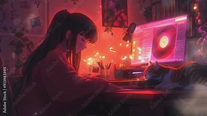 anime girl studying in a room at night, for background music, chill vibes. Looping time-lapse animation background.