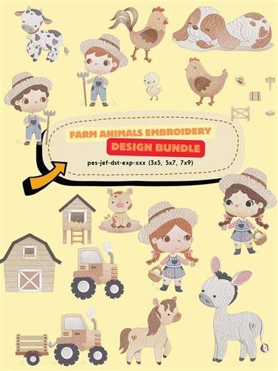 Farm Animals Embroidery Design Bundle, Cute Little Farmer Boy and Girl Patterns, Barn and Tractor Machine Embroidery Files, Country Nursery - Etsy