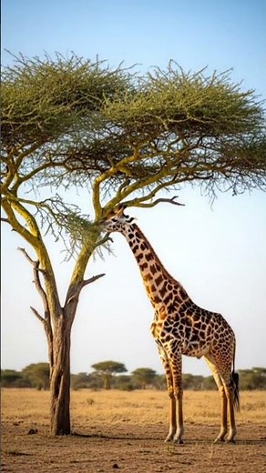 Giraffe eating leaves from a tall acacia tree, gentle breeze, soft ambient nature sounds.