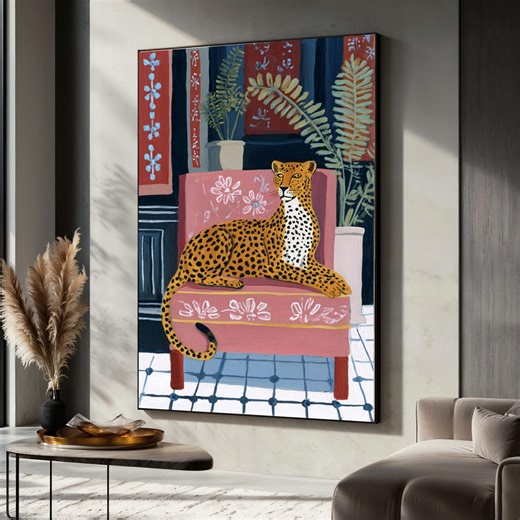 Relaxed Cheetah on Pink Chair Canvas, Animal Art Print, Modern Wildlife Wall Art, Tropical Home Decor, Nature Illustration Canvas - Etsy