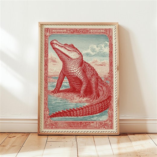 Alligator Illustration Poster | Vintage Engraving Style Reptile Design in Red Blue | Antique Animal Artwork | Digital Download - Etsy