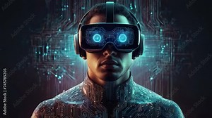 Humanoid portrait with VR glasses made by computer circuits. Metaverse concept.