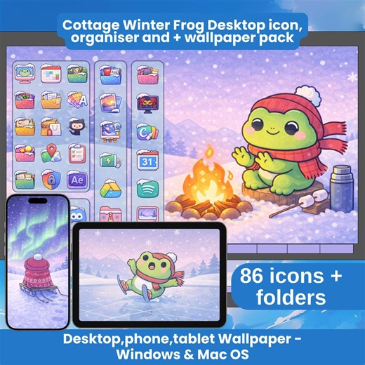 Cottage Winter Frog Desktop Organizer and Icon Pack Cute Desktop Icons Computer Wallpaper iPad Phone Wallpaper Set Mac Windows Theme - Etsy