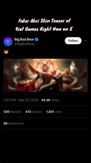 Riot Games just teased the new Ahri Skin in honor of faker with a blurr of her new splash art! She looks great all in red! Wears it like a fox queen 🦊 👑 Reminds me a bit of the arcana skij to be honest, I just hope we get to see her beautiful eyes in this one 👁️ what do you guys think? will you buy the skin?? 🦊 💕 #leagueoflegendsriotgames #leagueoflegends #Ahri