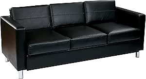 OSP Home Furnishings Pacific Sofa with Padded Box Spring Seats and Silver Finish Legs, Black Vinyl