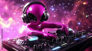 An alien DJ in headphones mixes tracks in a colorful cosmic setting filled with swirling galaxies and bright lights during a lively cosmic party Stock Video