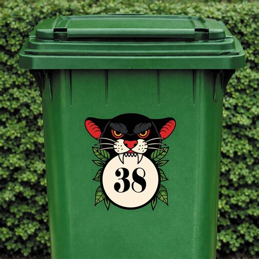 Traditional Tattoo Panther Bin Sticker | Personalised House Number Wheelie Bin Decal | Vintage Panther Head Outdoor Waterproof Bin Label - Etsy