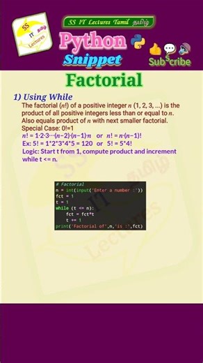 Python Program Factorial of a number, Code, Snippet #pythonprogramming#pythoncoding#shorts#trending
