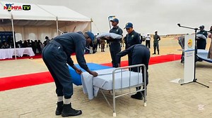 DISCIPLINE: Two recruits in the just-officiated 16th intake of the National Youth Service Training at Henties Bay demonstrate their bed-making skills. The demonstration is part of the disciplinary training during the 7-month programme. Vice President Lucia Witbooi inspected the results at the end. (Video: Isabel Bento) #NampaTV | Namibia Press Agency