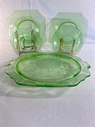 Green Depression Glass Plate Collection---uranium Glass Cake Plate "princess" by Hocking Plus 2 Salad Plates, 1 Dessert Plate, and 2 Saucers - Etsy