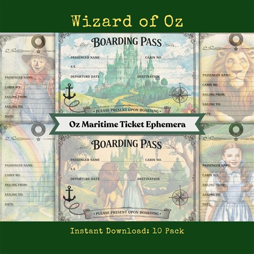 Wizard of Oz Printable Boarding Pass Maritime Travel Tickets Junk Journal Ephemera Scrapbook Cards - Etsy