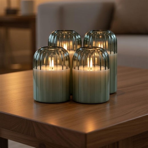 Set of 4 Green Glass Flameless LED Candles, Remote Controlled Flickering Pillar Home Decor - Etsy