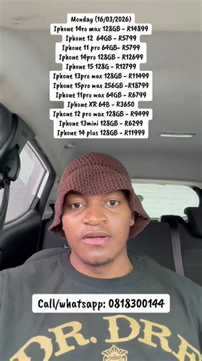 Monday (16/03/2026) Iphone 14ro max 128GB - R14899 Iphone 12 64GB - R5799 Iphone 11 pro 64GB- R5799 Iphone 14pro 128GB - R12699 Iphone 15 128G - R12799 Iphone 13pro max 128GB - R11499 Iphone 15pro max 256GB - R18799 Iphone 11pro max 64GB - R6799 Iphone XR 64B - R3650 Iphone 12 pro max 128GB - R9499 Iphone 13mini 128GB - R6299 Iphone 14 plus 128GB - R11999 #applemobiles #tradeinphone #bys #durban #repairs