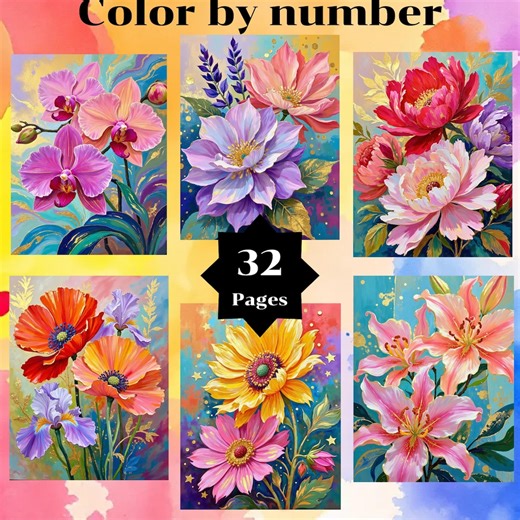 Color by Number, Flowers 32 Pages and 24 Colors, for Adults, Printable, 8.5 X 11 In, PNG & SVG, Digital, Instant Download, Paint by Numbers - Etsy Australia