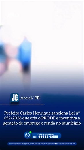 JC / PB on Instagram: "📻🎙️Você na linha da informação! O prefeito de Areial, Carlos Henrique, ao lado do vice-prefeito Diego Martins, sancionou a Lei nº 652/2026, que institui o PRODE – Programa de Desenvolvimento Econômico e Atração de Investimentos. A nova legislação representa um importante avanço na política de fortalecimento da economia local. A iniciativa tem como objetivo incentivar a instalação e a expansão de empresas no município, criando um ambiente favorável aos negócios e impulsio