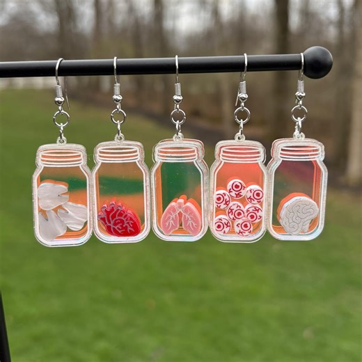 Iridescent Specimen Jar Shaker Dangle Earrings | Organ Earrings | Teeth Earrings | Creepy Earrings | Weird Earrings | Body Part Earrings