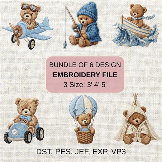 Teddy Bear Adventure Embroidery Design Bundle, Baby Boy Nursery Teddy Machine Embroidery File, Airplane Car Boat Balloon Bear Embroidery - Etsy