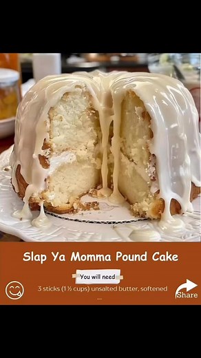 Slap Ya Momma Pound CakeIngredientsFor the Pound Cake:1 cup (226g) unsalted butter, softened (at room temperature)2 3/4 cups (550g) granulated sugar5 large eggs (at room temperature)3 cups (375g) all-purpose flour1/2 teaspoon baking powder1/2 teaspoon salt1 cup (240ml) whole milk (room temperature)2 teaspoons pure vanilla extract1/2 teaspoon almond extract (optional)For the Glaze:2 cups (240g) powdered sugar3 tablespoons whole milk or heavy cream1 teaspoon pure vanilla extractInstructionsPrepara