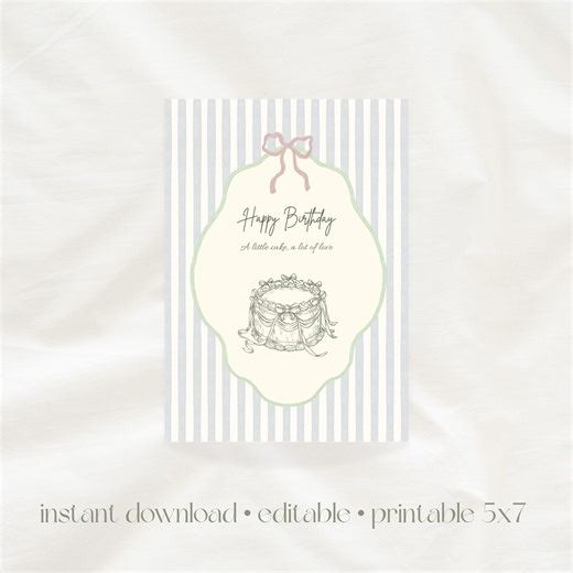 Vintage Birthday Card Printable, Cute Cake With Bow, Pastel Happy Birthday Greeting Card, Cottagecore Birthday Card, Digital Download - Etsy