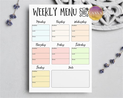 Weekly Menu Planner Printable, Weekly Meal Planner Template, Breakfast Lunch Dinner Menu, Editable Canva, A4 US Letter, Kitchen Meal Plan. - Etsy
