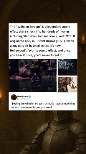 The ‘Wilhelm Scream’ is a legendary sound effect that’s snuck into hundreds of movies including Star Wars, Indiana Jones, and LOTR. It originated back in Distant Drums (1951), when a guy gets bit by an alligator.