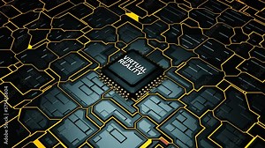 Virtual Reality text on motherboard chip animation, 3D electronic circuit board with Virtual Reality text placing on microprocessor, Augmented Reality, Data processing, Machine learning, 3D Animation