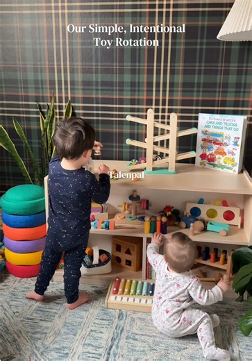 Toy Rotation Essentials: • Something to build: Blocks, slide & stack ring puzzle • Something for gross motor / movement: Stepping stones • Something for fine motor: Lacing toy, shape sorter, talenpal, slide & stack ring puzzle • Something for imaginative play: Peg people, wooden tractor • Something for cause & effect: Racer car drop • Something practical / real life: Hammer pound a peg • Something for music: Wooden xylophone • Something for sensory / exploration: Color mixing set #toyrotation #t