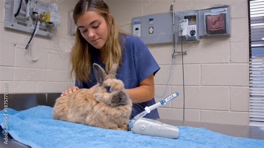 Veterinary technician conducting a routine ultrasound examination on a rabbit as part of a general health checkup.