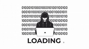 Hacker binary code bw loading animation. Malware detection. Dark web user outline 2D cartoon character 4K video loader motion graphic. Coding security animated gif isolated on white background