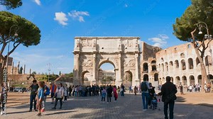 Triumphal Arch of Constantine in Rome front of Colosseum, Most famous places in Time Lapse